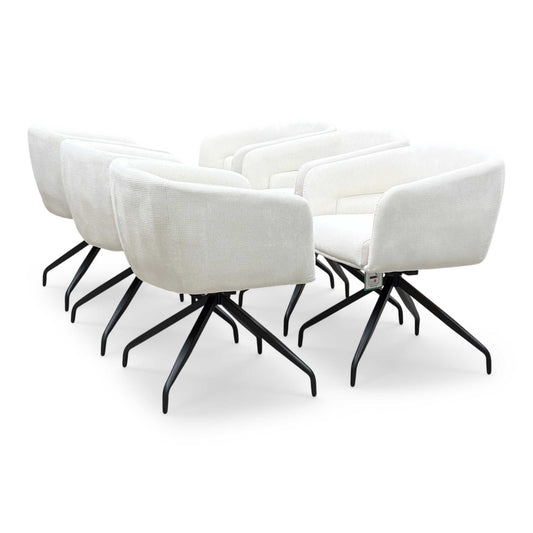 Full view of ‘Atlas’ contemporary dining room seating suite, featuring a matching set of 6 swivel dining chairs beautifully upholstered in a clean, modern white corduroy fabric.