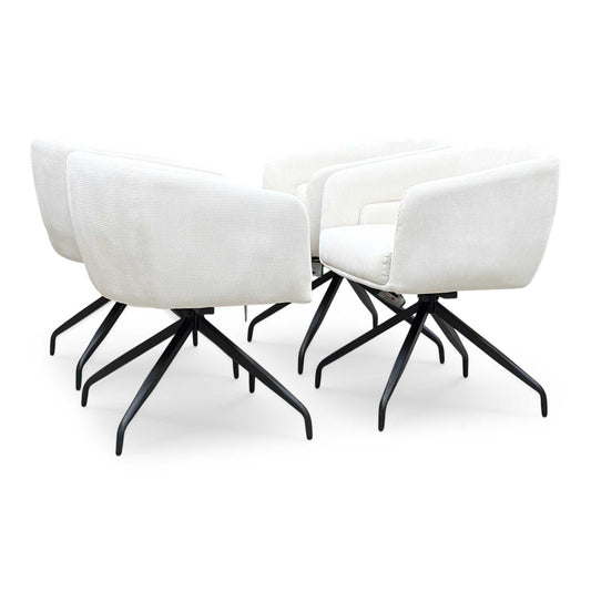 Full view ‘Atlas’ contemporary dining room seating suite, featuring a matching set of 4 swivel dining chairs beautifully upholstered in a clean, modern white corduroy fabric.