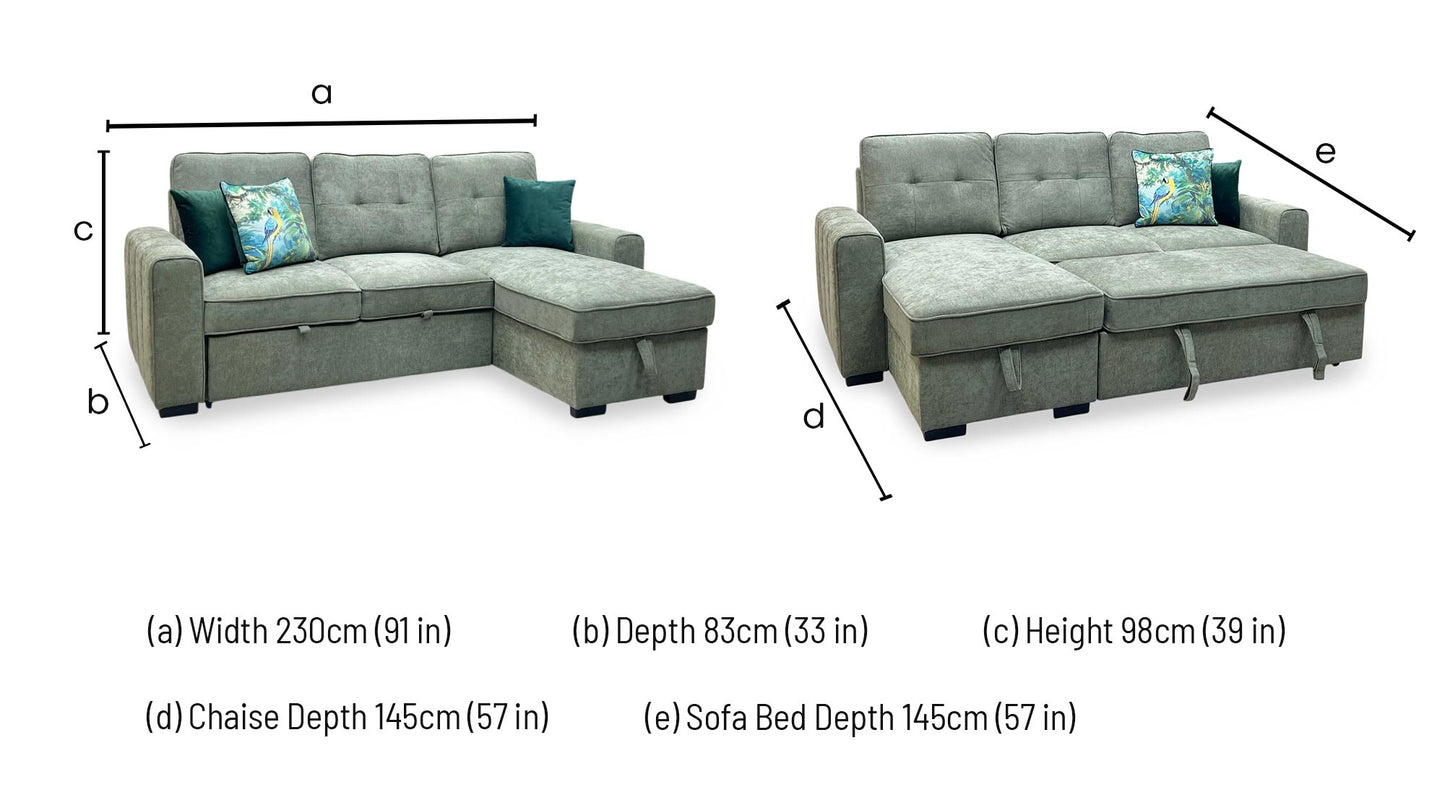 ‘Terry’ Sage Green Fabric Reversible Corner Sofa Bed with Storage Chaise