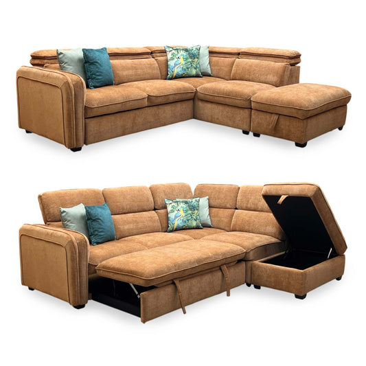 ‘Rodney’ Rust Brown Fabric Right Hand Facing Corner Sofa Bed with Storage