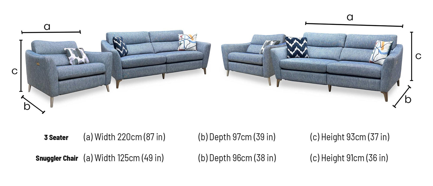 ‘Moderna’ Blr Marine Blue Sw Fabric 3 Seater Power Recliner + Snuggler Chair with Telescopic Headrests Sofa Set Furniture Village