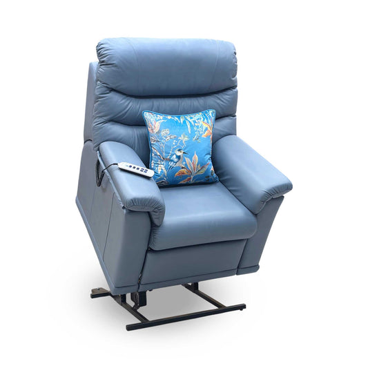 Full View ‘G Plan Malvern’ compact motorized rise and recliner armchair, beautifully upholstered in high-grade Cambridge Sky Blue genuine leather with a supportive tiered backrest.