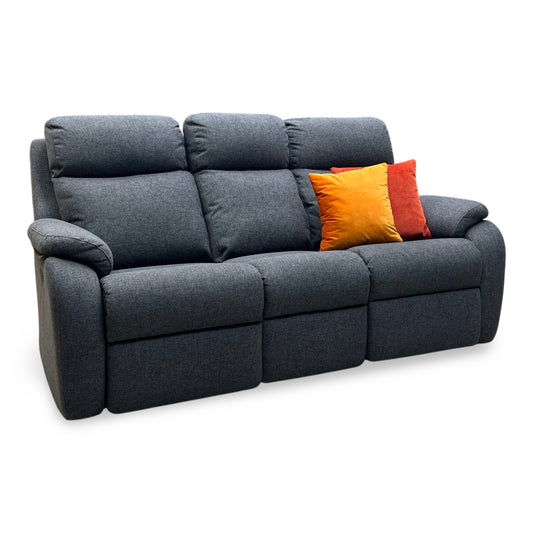 Side perspective profile view of a 3-seater sofa frame with the power recliner mechanism, power headrest, and lumbar system fully extended, demonstrating streamlined motion and elevation clearances.