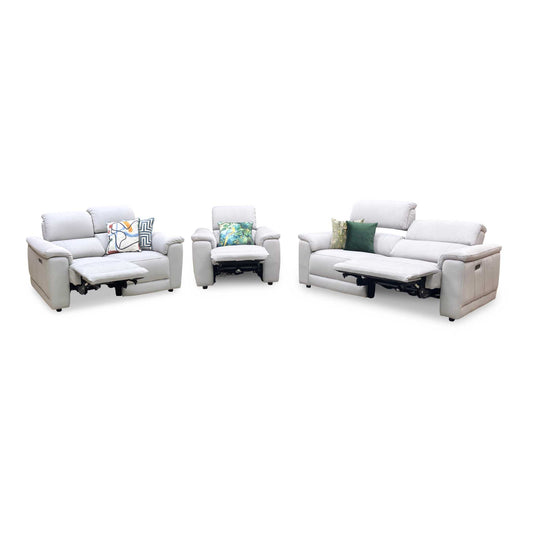 ‘Genius’ Bella Lead Grey 43451 Fabric 3 + 2 Seater Power Recliner with Power Headrests and Power Lumbar + Power Chair Sofa Set Furniture Village
