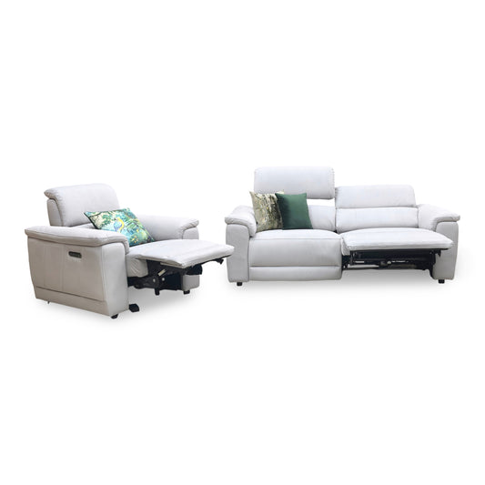 Full view ‘Genius’ contemporary 3-seater power recliner sofa and matching power armchair suite, beautifully upholstered in high-performance Bella Lead Grey 43451 fabric.