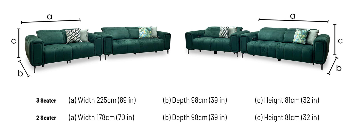 ‘Elphaba’ Opulence Bottle Green Fabric 3 + 2 Seater Power Recliner Sofa with Storage Arms