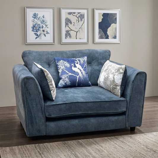 ‘Mariah’ Dapple Ocean Blue- Tri Chrome Insert Fabric Classic Back Snuggler Chair Furniture Village