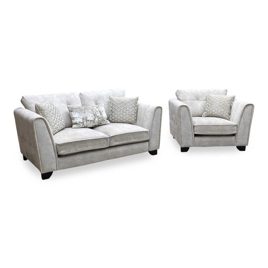 Full View ‘Mariah’ luxury 2-seater sofa and matching armchair suite, beautifully upholstered in an elegant Dapple Ivory fabric and accented with sophisticated triple brass trim inserts.