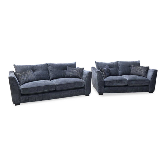 Full View ‘Allure’ luxury living room suite, featuring a matching 3-seater and 2-seater classic stationary sofa set beautifully upholstered in high-grade Coco Indigo fabric with elegant dark wenge wood feet.