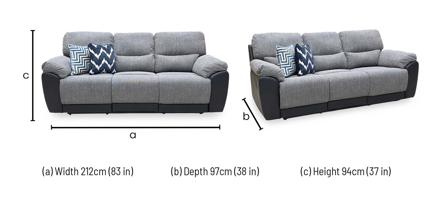 ‘Santori’ Black Charcoal Fabric Faux Leather 3 Seater High Back Recliner Sofa
