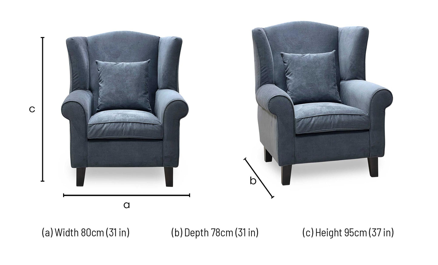 Technical dimensions blueprint and room space planning floor footprint schematic for the ‘Denton’ Grey Grace Chenille Fabric Wing Chair.
