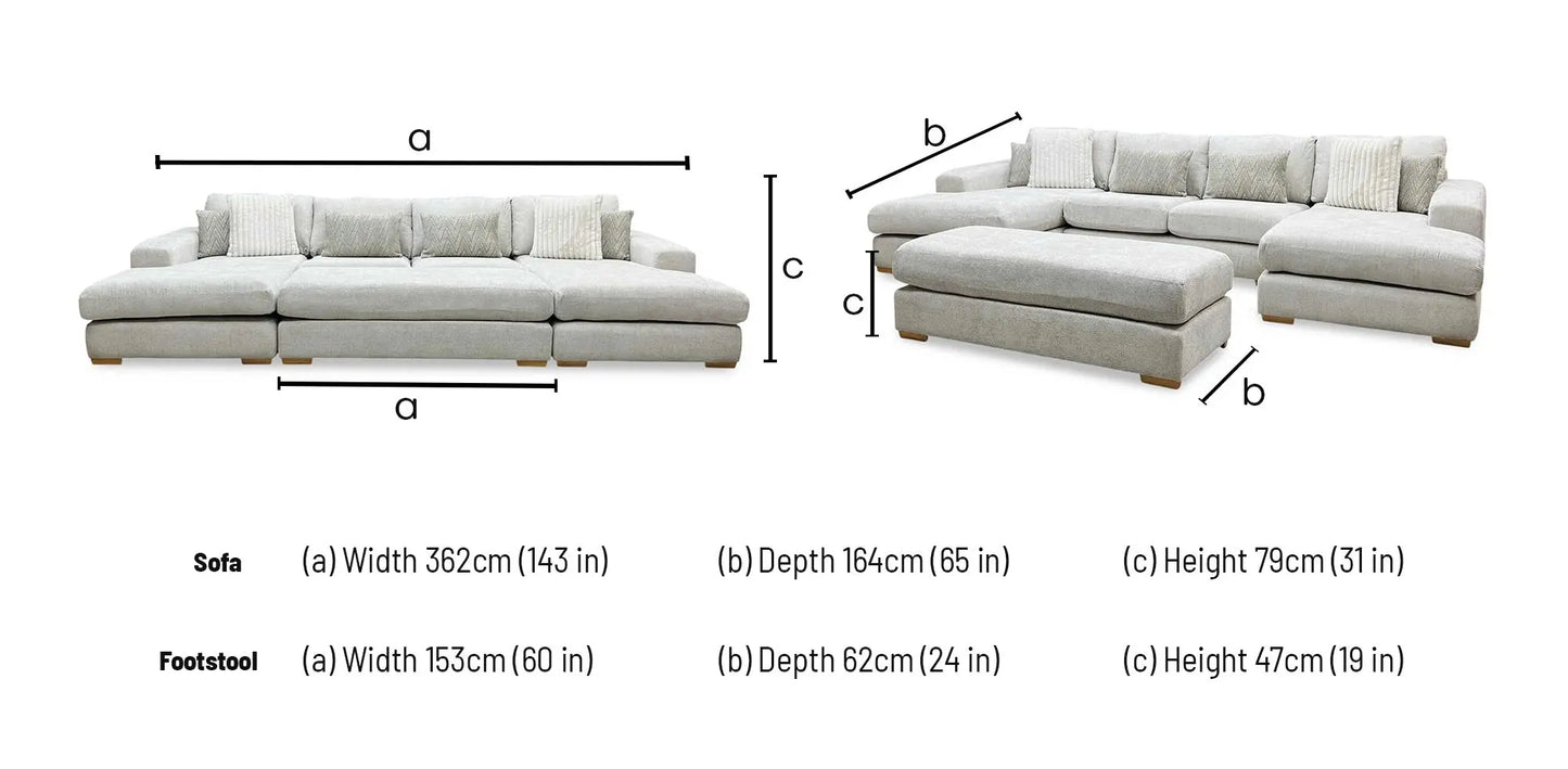 Technical dimensions blueprint and large space planning floor footprint schematic for the ‘Broadgate’ Stone Fabric Large U-Shape Modular Sofa with Footstool.