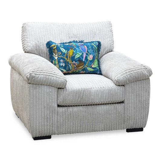 Full View ‘Amalfi’ contemporary accent armchair, beautifully upholstered in a sophisticated, gleaming Silver fabric with a clean-lined, modern silhouette.