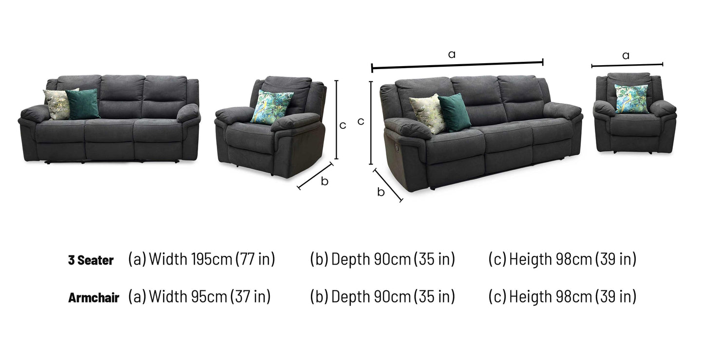 ‘Albion’ Charcoal Grey Fabric 3 Seater Manual Recliner Sofa + Chair