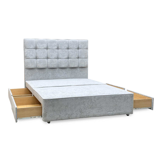 Full View ‘Mia’ King Size floor-standing headboard and bespoke sprung divan bed base set, beautifully upholstered in an elegant, contemporary Premium 806 Simply Zinc grey fabric.