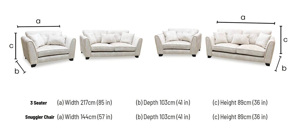 Mariah Dapple ivory sofa set dimensions: 3 seater width 217cm, snuggler width 144cm, depth 103cm, height 89cm