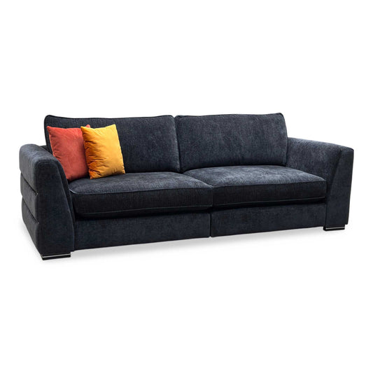 Full View ‘Belissimo Mirage’ grand 4-seater traditional split-frame sofa, beautifully upholstered in a luxurious black and silver patterned classic fabric blend.