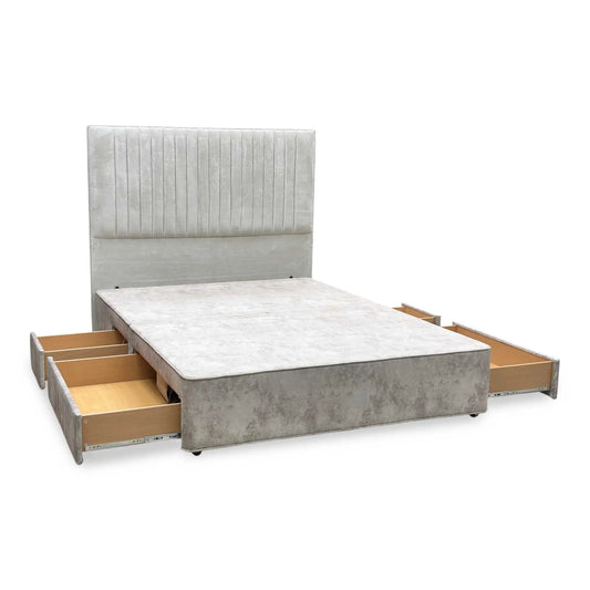 Full View ‘Clancy’ contemporary divan bed set, upholstered in high-grade Milan Stone Grey fabric, featuring a towering floor-standing headboard paired with a matching 4-drawer sprung divan base.