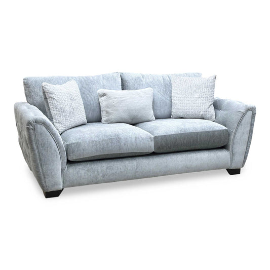 Full View ‘Aphrodite’ contemporary 3-seater stationary sofa, beautifully upholstered in high-grade California Mist Grey fabric with a sleek modern design.