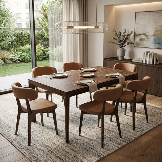 Styled upscale contemporary dining room setting featuring the matching set of 6 Connubia Siren wooden dining chairs arranged beautifully around a luxurious dinner table.