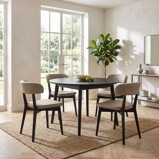 Styled upscale contemporary dining room setting featuring the matching set of 4 Connubia Siren wooden dining chairs arranged beautifully around a luxurious dinner table.