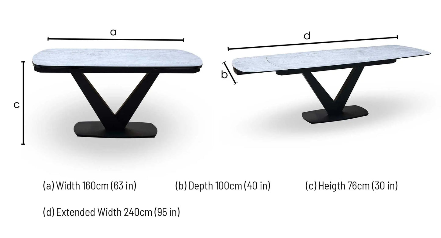 Technical dimensions blueprint and dining room space planning floor footprint schematic for the ‘Julio’ Silver Ceramic Top 160cm Draw-Leaf Extending Dining Table.