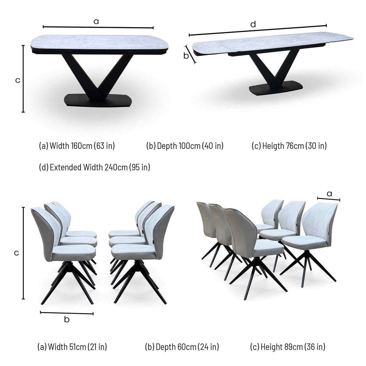'Julio' Silver Ceramic Top 160cm Draw Leaf Extending Dining Table with G5 Stone Grey Fabric Set of 6 Swivel Dining Chairs