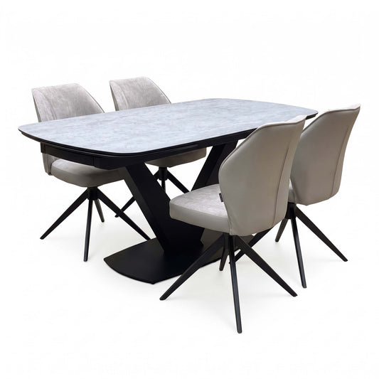 'Julio' Silver Ceramic Top 160cm Draw Leaf Extending Dining Table with Bc2 Cream Fabric Swivel Chairs x 4
