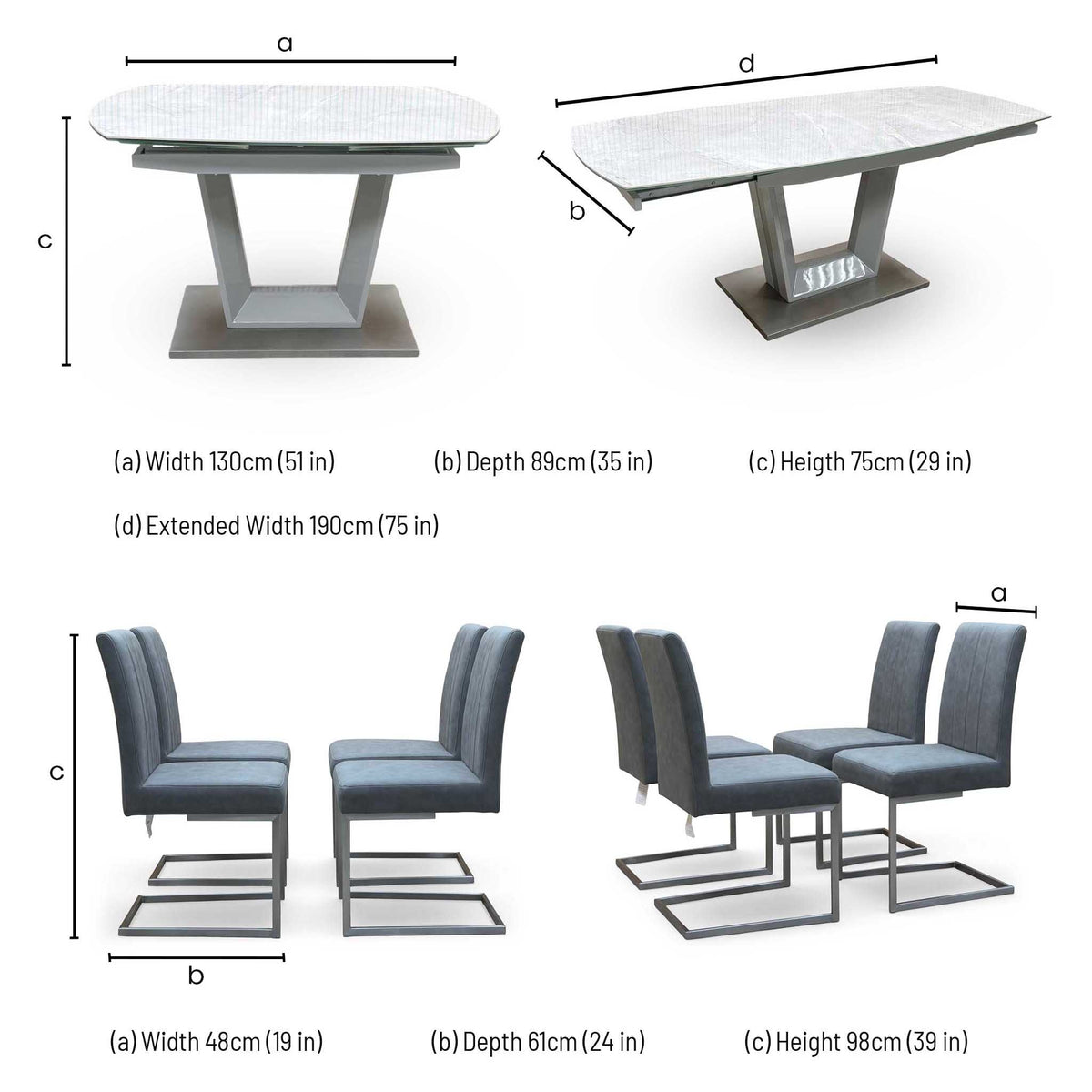 'Grigio' Ceramic Top Swivel Extending Dining Table with Grey Fabric Set of 4 Cantilever Dining Chairs