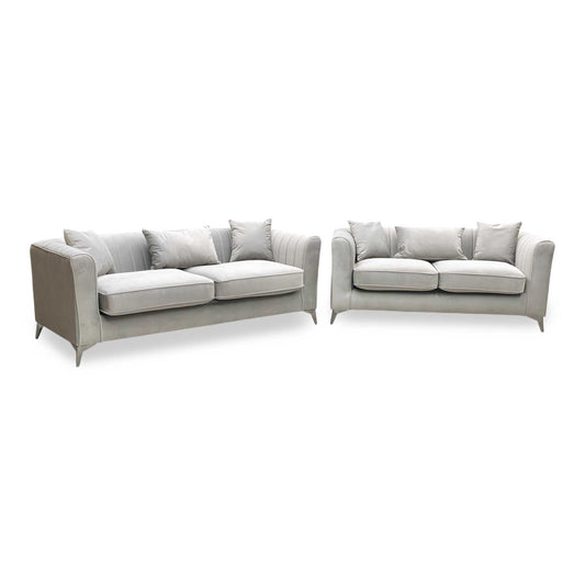 Full View ‘Sirius’ contemporary living room furniture set, featuring a 3-seater sofa and a matching 2-seater sofa, beautifully upholstered in luxurious Pebble Grey velveteen fabric with a classic back design.