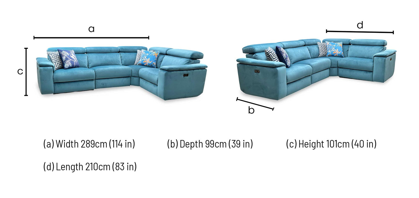 Nicoletti ‘Davide’ Teal Fabric Small Power Recliner Corner Sofa