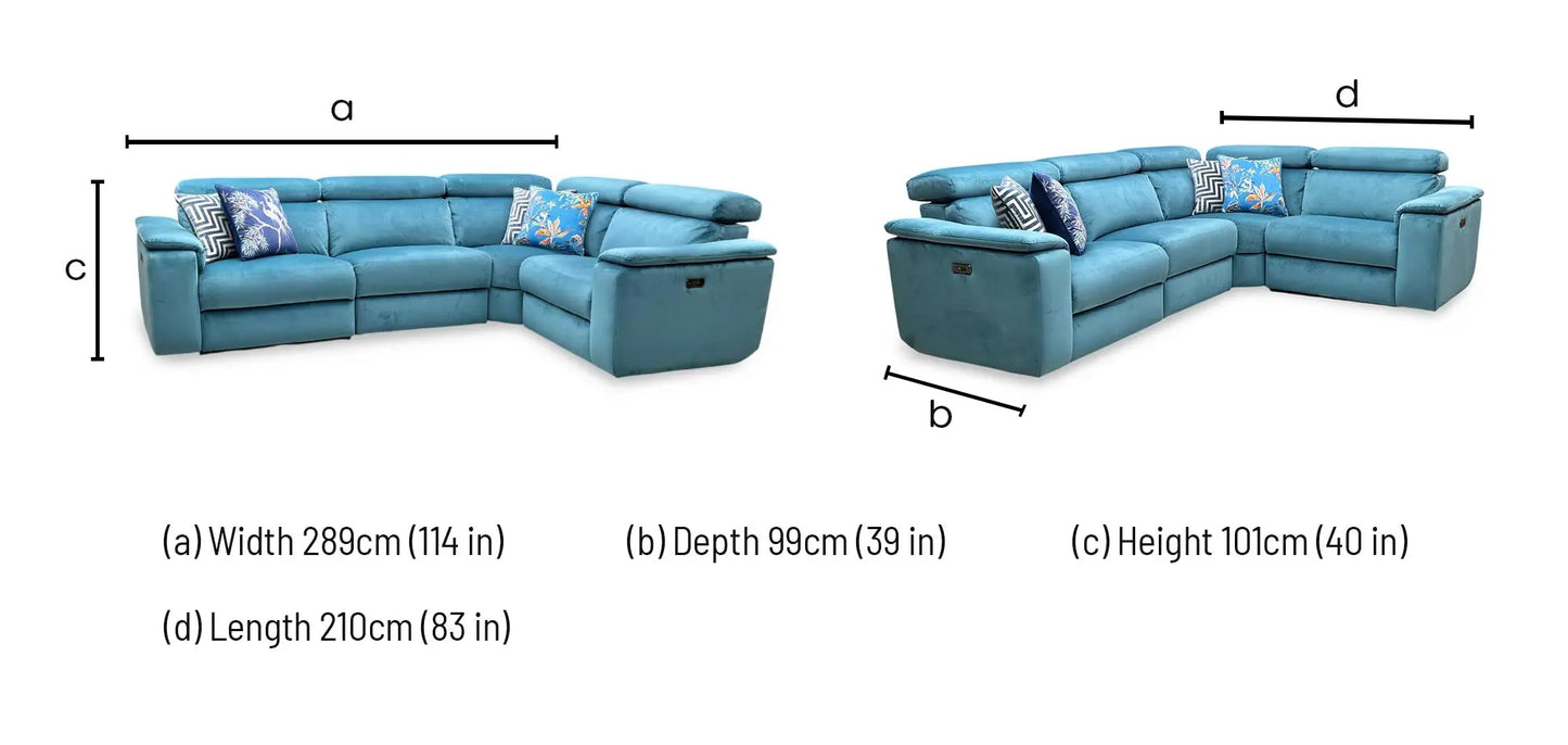 Technical dimensions blueprint and living room space planning floor footprint schematic for the ‘Nicoletti Davide’ Teal Fabric Small Power Recliner Corner Sofa.