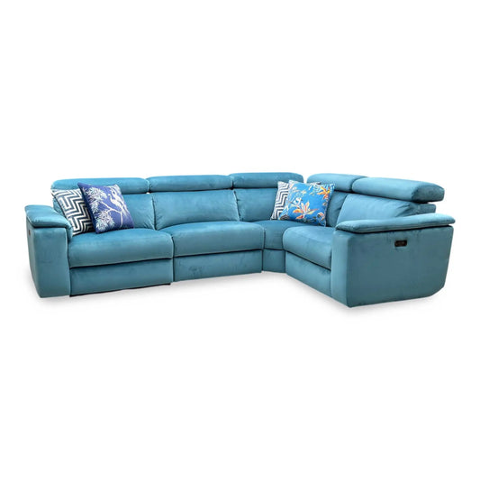 Full View ‘Nicoletti Davide’ Italian designer small corner sectional sofa, beautifully upholstered in high-grade Teal fabric, featuring integrated independent electronic power recliners.