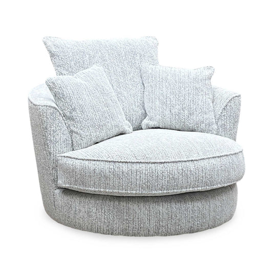 Full View ‘Legend’ contemporary swivel armchair, beautifully upholstered in luxurious Gabriel Snow Grey fabric with a classic comfortable backrest design.
