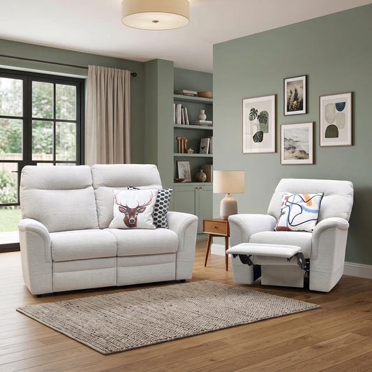 Parker Knoll 'Hudson 23' Caledonian Stone Grey 001300-0055 Fabric 2 Seater Sofa Power Recliner + Chair with Power Headrest and Power Lumbar Furniture Village
