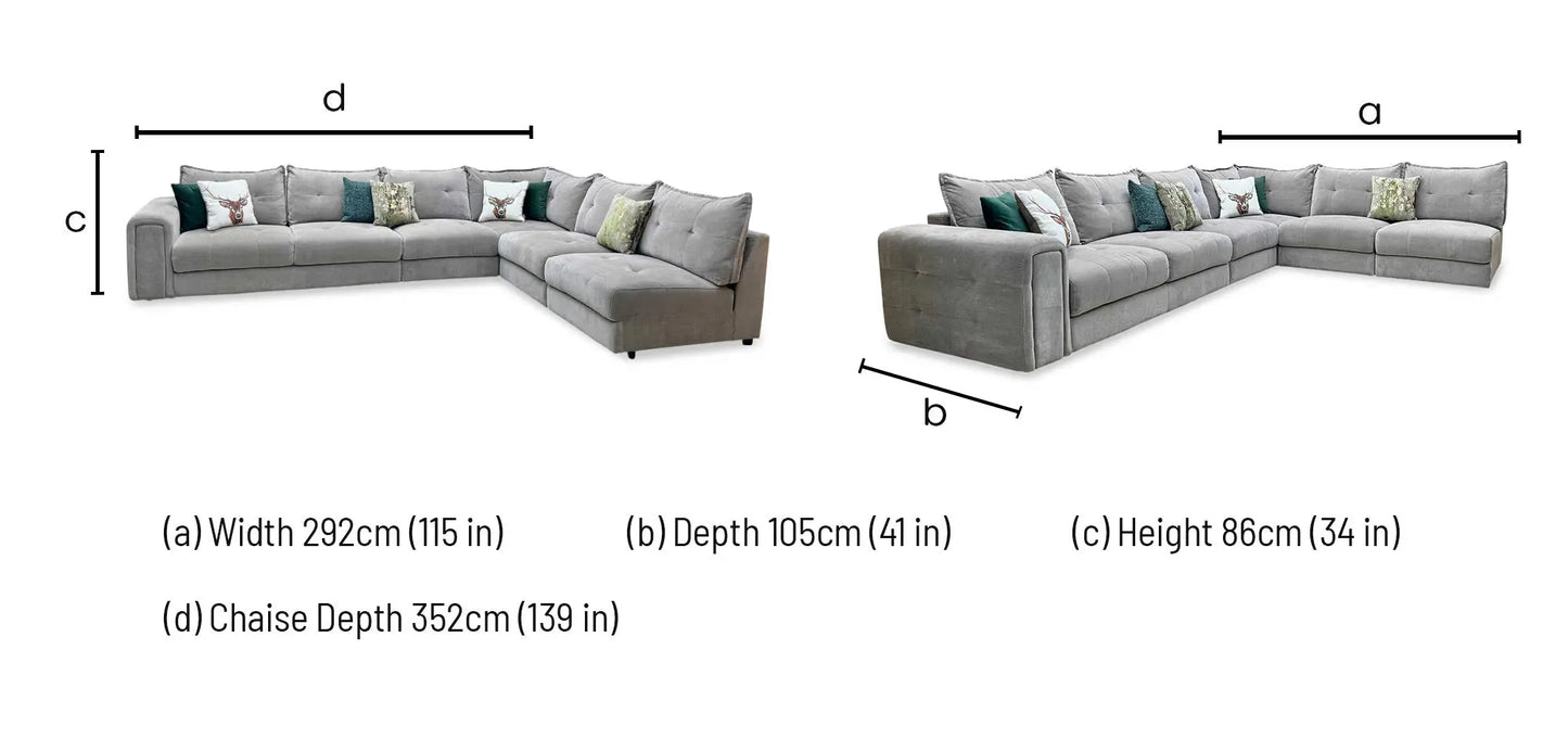 Technical dimensions blueprint and living room space planning floor footprint schematic for the ‘Goliath’ Manhattan Nutmeg 58005 Fabric XL Open End Corner Sofa with Storage Arm.