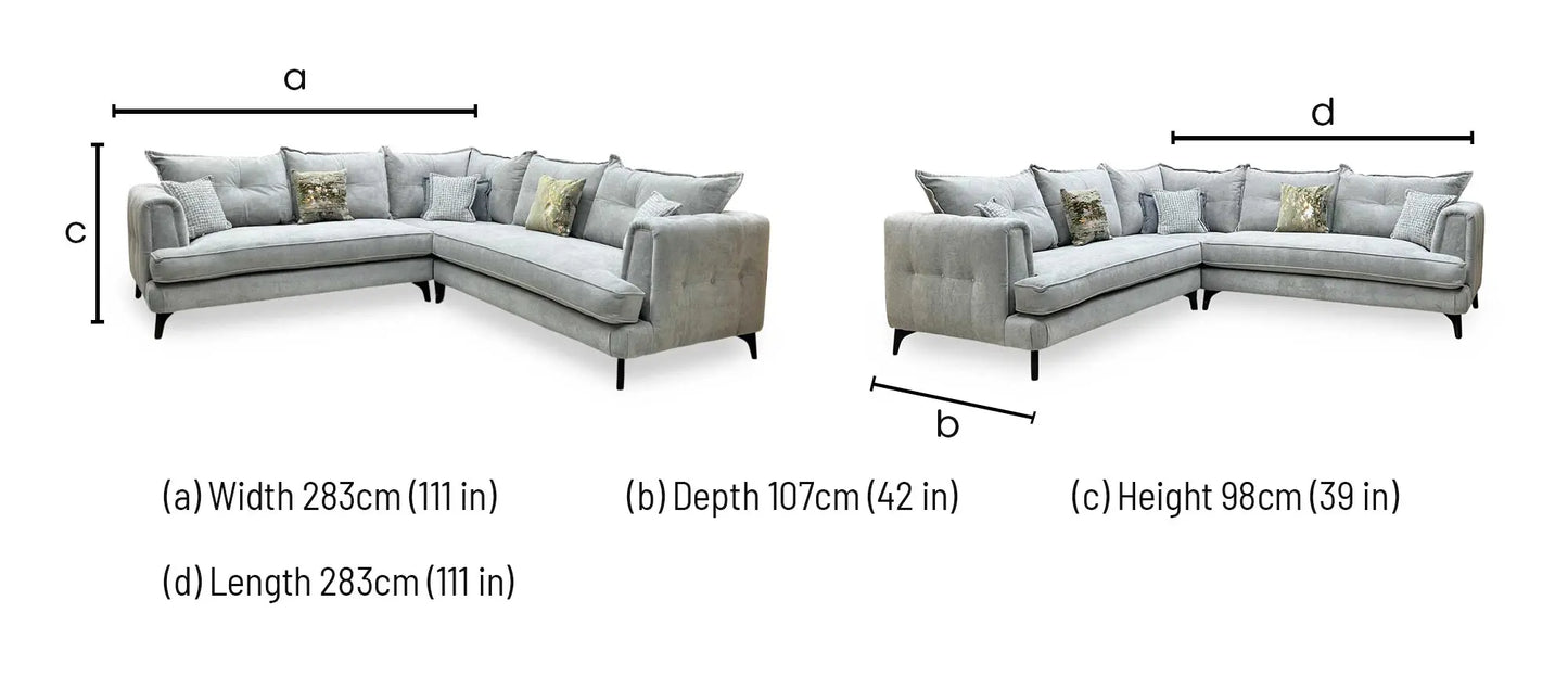 Technical dimensions blueprint and living room space planning floor footprint schematic for the ‘Farrah’ Riga Silver / Zena Silver Fabric Large Corner Sofa.