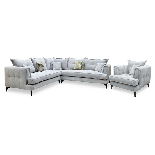 Full View ‘Farrah’ contemporary grand-scale corner modular lounge suite, featuring a large multi-seat corner sofa and matching accent armchair, beautifully upholstered in high-grade Riga Silver and Zena Silver designer fabrics.