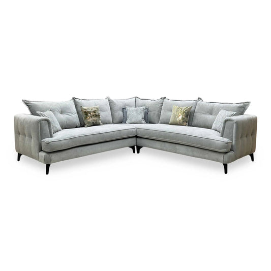 Full View ‘Farrah’ contemporary large corner sectional sofa, beautifully upholstered in high-grade Riga Silver and Zena Silver fabric with a sophisticated modern design.