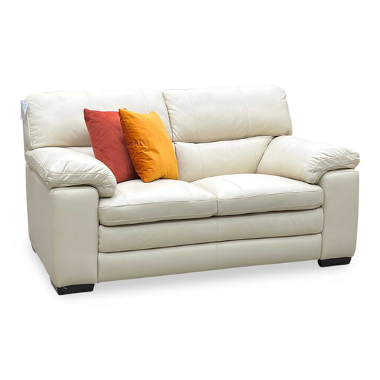 Full View ‘World of Leather Cozee’ contemporary 2-seater stationary sofa, beautifully upholstered in high-grade BV-862C Bisque Cream pure premium leather.