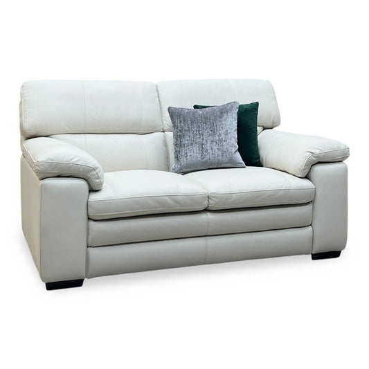 Full View ‘World of Leather Cozee’ contemporary 2-seater stationary sofa, beautifully upholstered in high-grade NW-521E Frost White pure premium leather.