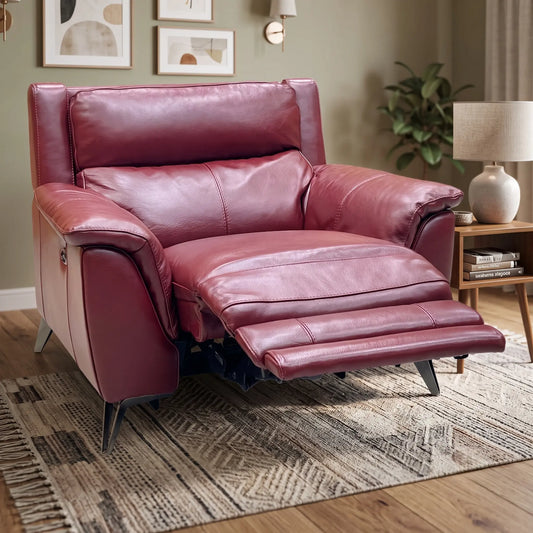 Styled upscale contemporary living room lifestyle layout featuring the Contempo burgundy red leather power recliner chair arranged as a luxurious, sophisticated personal relaxation zone.