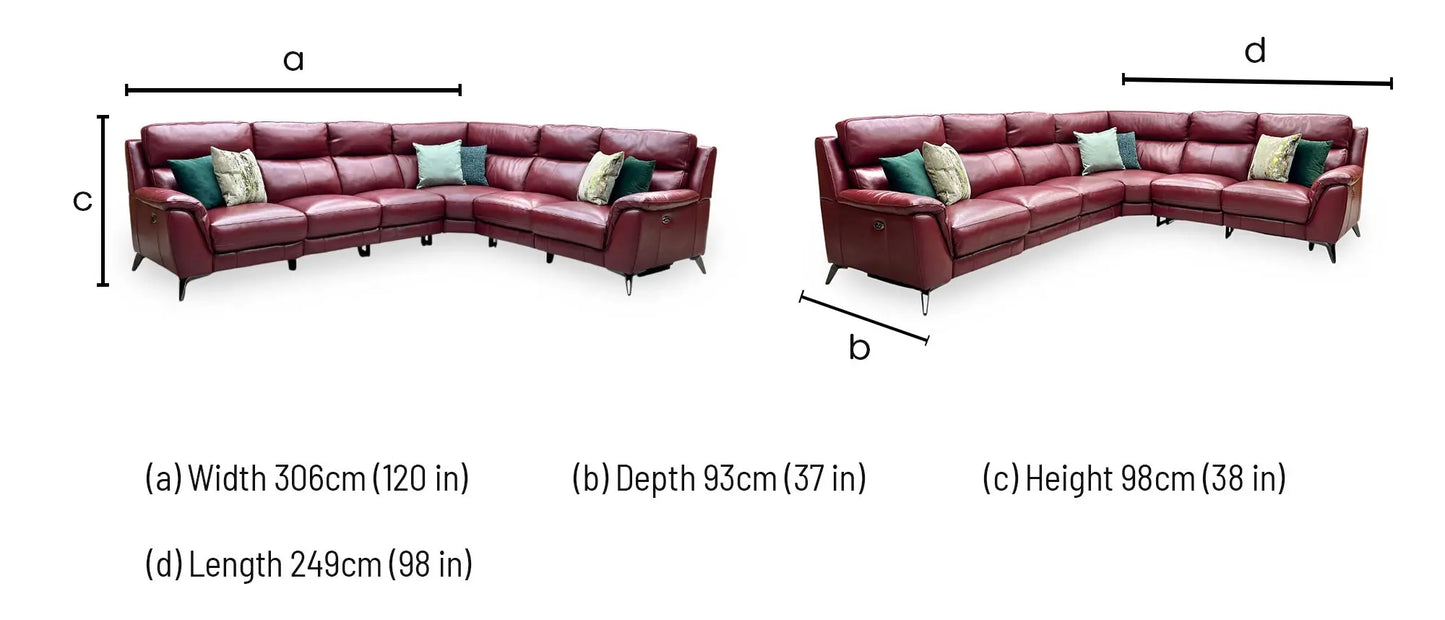 Technical dimensions blueprint and living room space planning floor footprint schematic for the ‘Contempo’ Burgundy Red Leather Double Power Recliner XL Modular Corner Sofa.