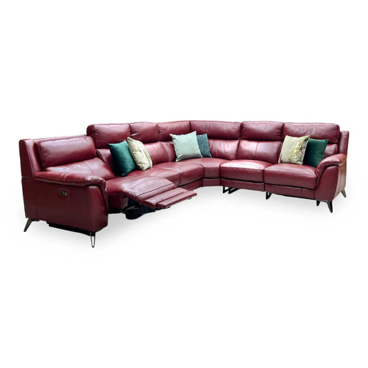 Full View ‘Contempo’ contemporary modular corner sectional sofa, beautifully upholstered in high-grade Burgundy Red leather featuring integrated dual electronic power reclining mechanisms.