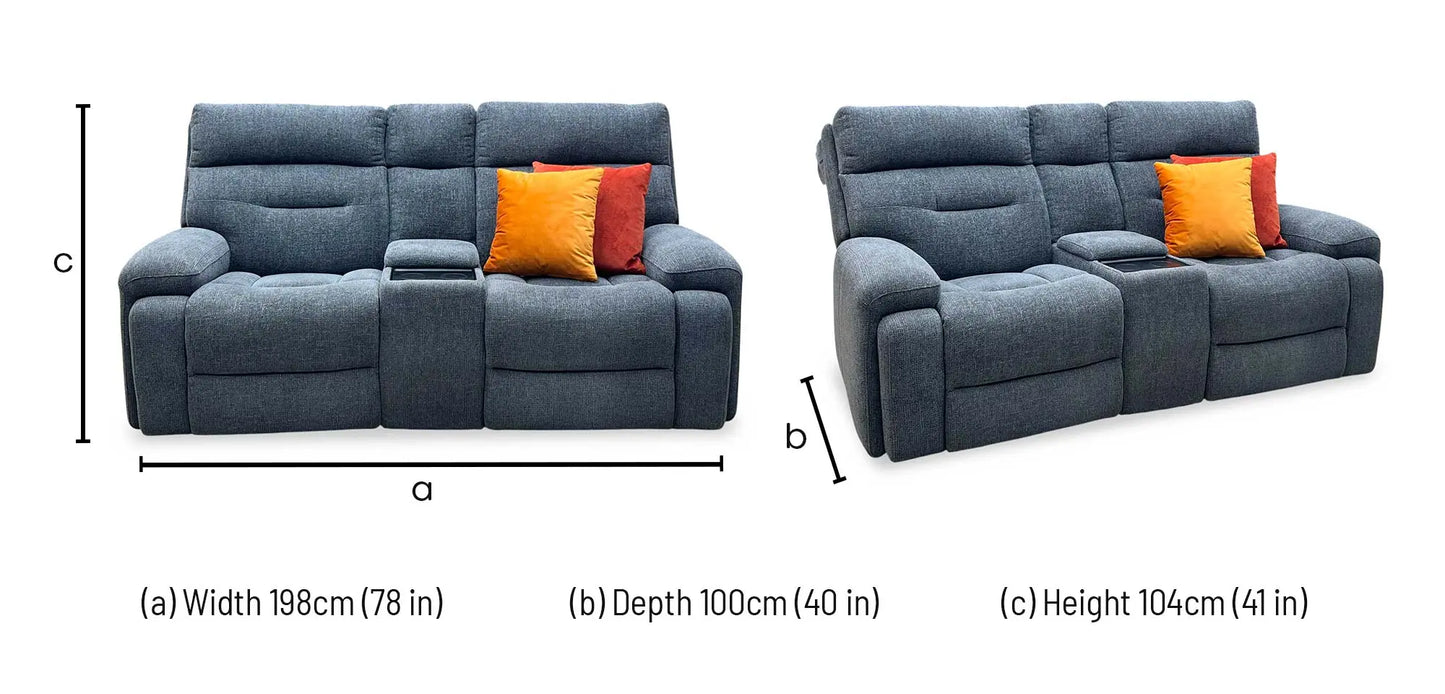 Technical dimensions blueprint and living room space planning floor footprint schematic for the ‘Cinemax’ Charcoal Grey Fabric 2-Seater Media Console Power Recliner Sofa with Power Headrests.