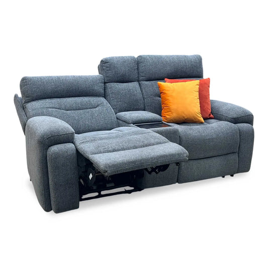 Full View ‘Cinemax’ contemporary 2-seater home cinema power recliner sofa, beautifully upholstered in high-grade Charcoal Grey fabric with an integrated central media console and electronic power headrests.