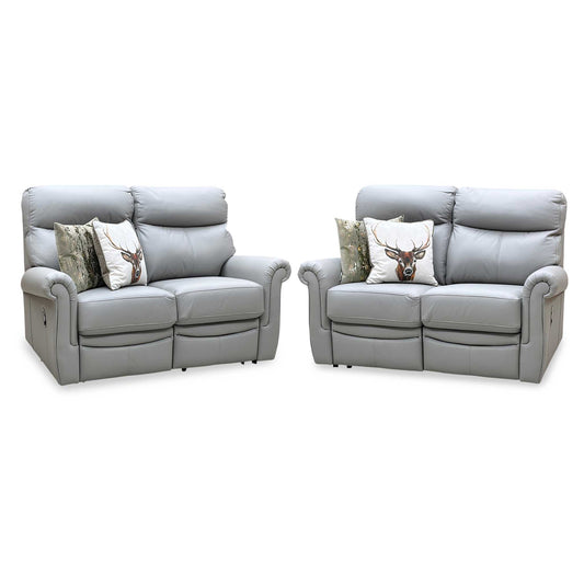 Full View ‘G Plan Avon’ luxury living room motion suite, featuring a matching 2 and 2-seater manual recliner sofa set beautifully upholstered in high-grade L842 Cambridge Grey premium leather.