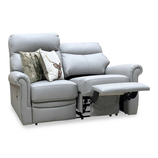 Full View ‘G Plan Avon L842’ contemporary 2-seater manual recliner sofa, beautifully upholstered in high-grade Cambridge Grey leather featuring integrated manual reclining mechanisms.