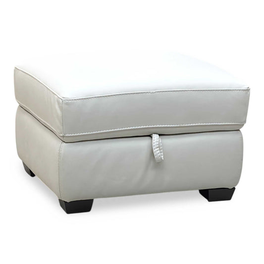 Full View ‘World of Leather Nixon’ contemporary living room storage footstool, beautifully upholstered in high-grade Frost White premium leather.