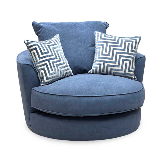 Full View ‘Legend’ contemporary classic-back swivel armchair, beautifully upholstered in high-grade Cosmo Navy Blue fabric, featuring a deep, inviting tub-style silhouette and a hidden rotational base.